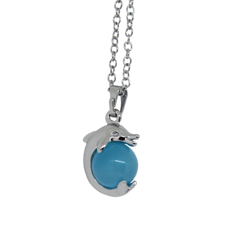 Pendentif dauphin et orbe bleu clair